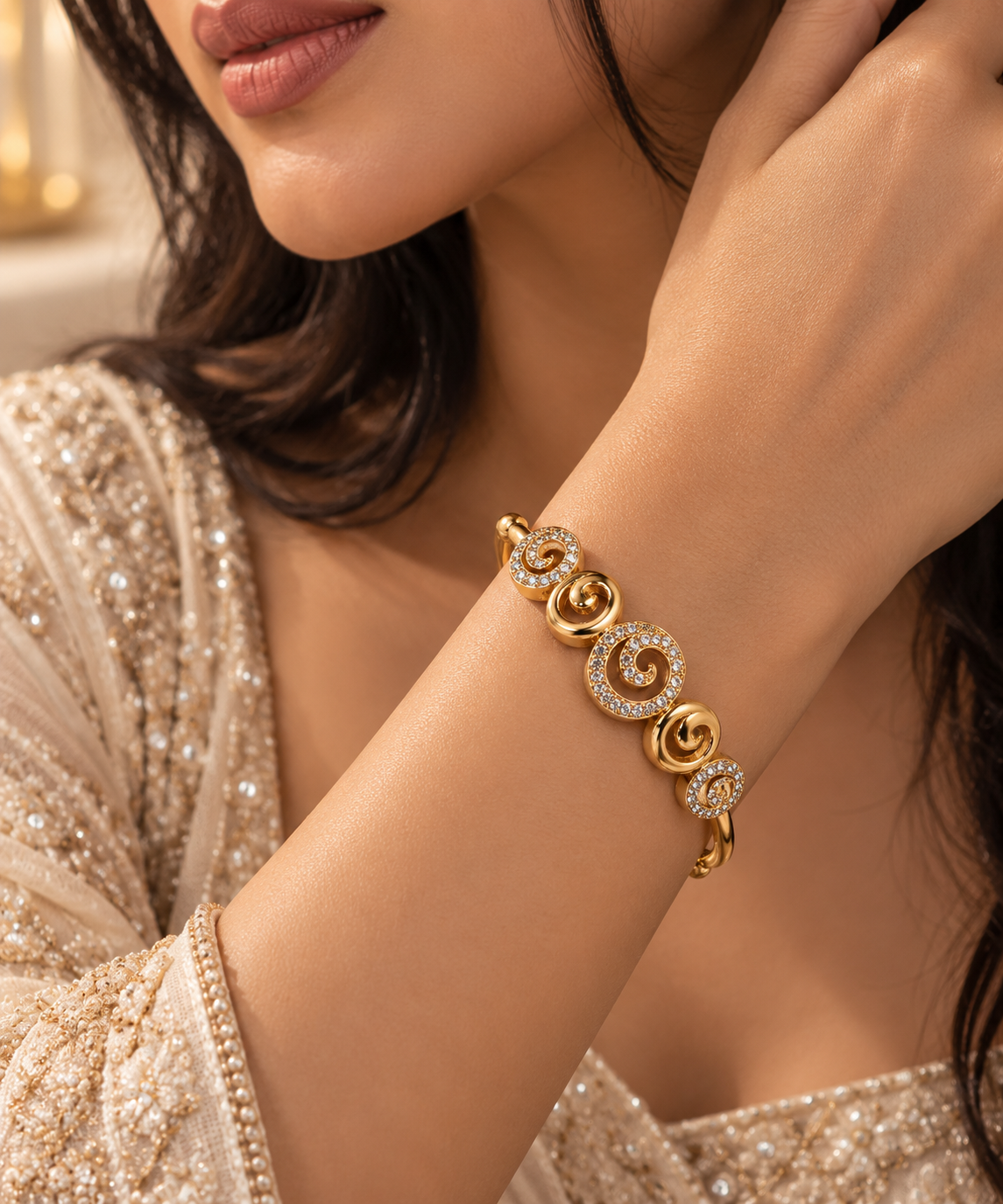 Premium Gold-Toned Spiral Crystal Cuff Bracelet