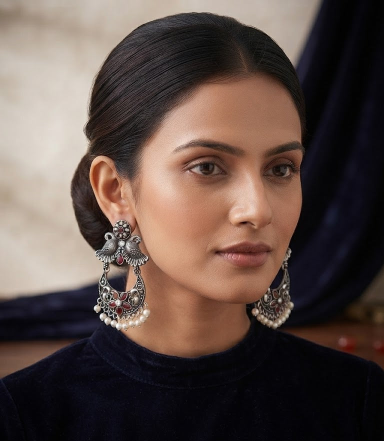 Premium Oxidized Silver-Toned Ruby Red Floral Chandbali Earrings