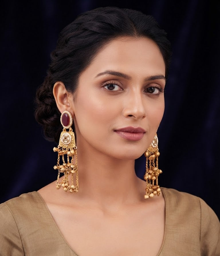 Premium Maroon Kundan Gold-Toned Long Jhumka Chain Earrings