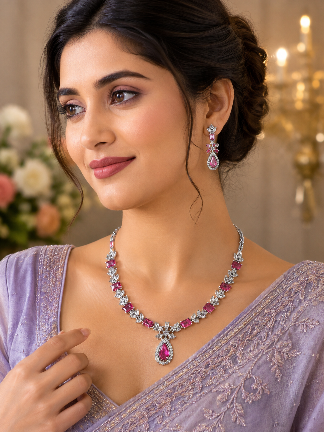 Silver-Toned Pink Ruby-Inspired Necklace Set
