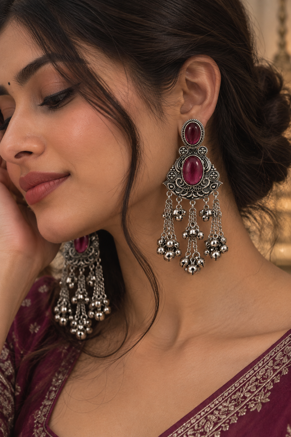 Premium Oxidized Silver-Toned Magenta Stone Long Chain Chandelier Earrings