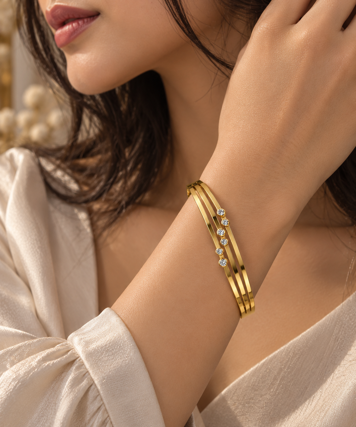 Premium Gold-Toned Crystal Accent Open Cuff Bracelet