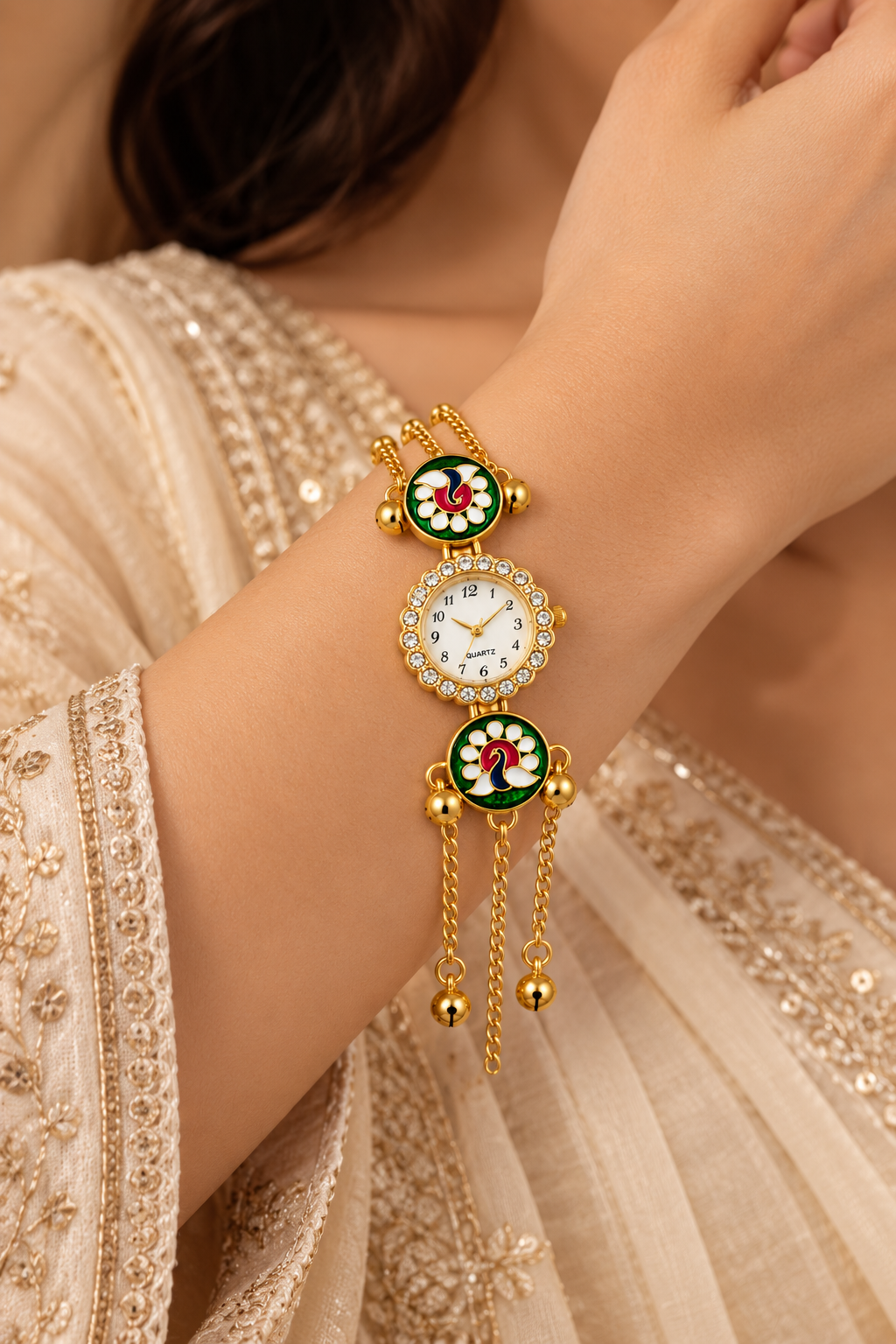 Gold-Toned Peacock-Themed Bracelet Watch