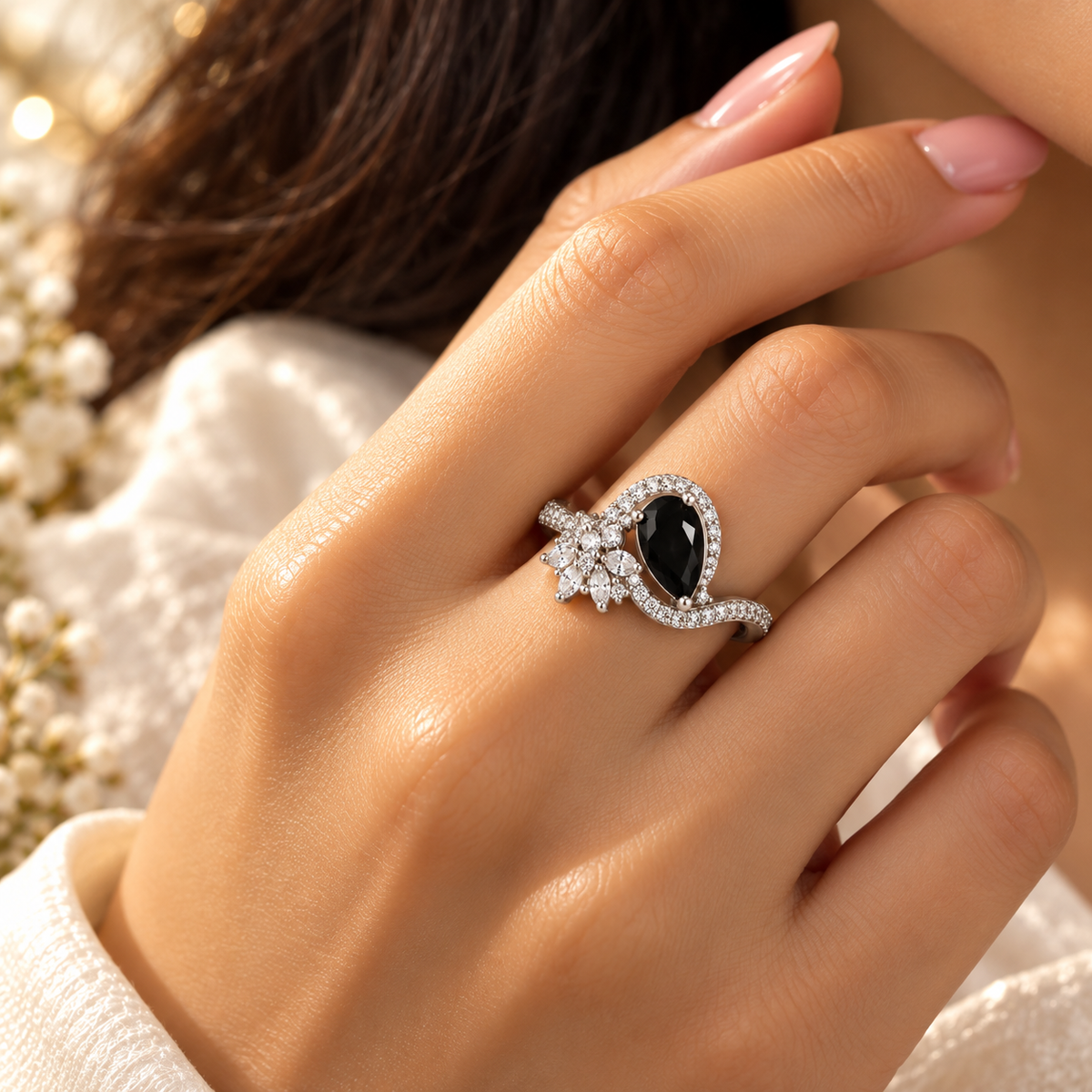 Silver-Toned Black Gemstone Statement Ring