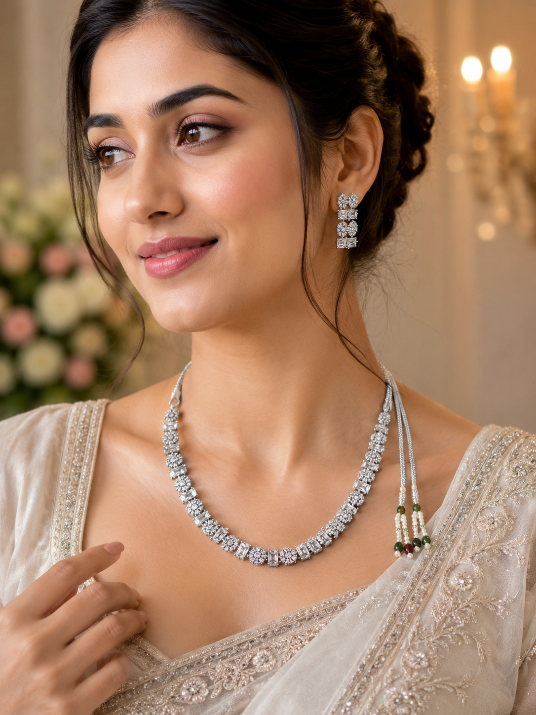 Silver-Toned Crystal Statement Necklace Set