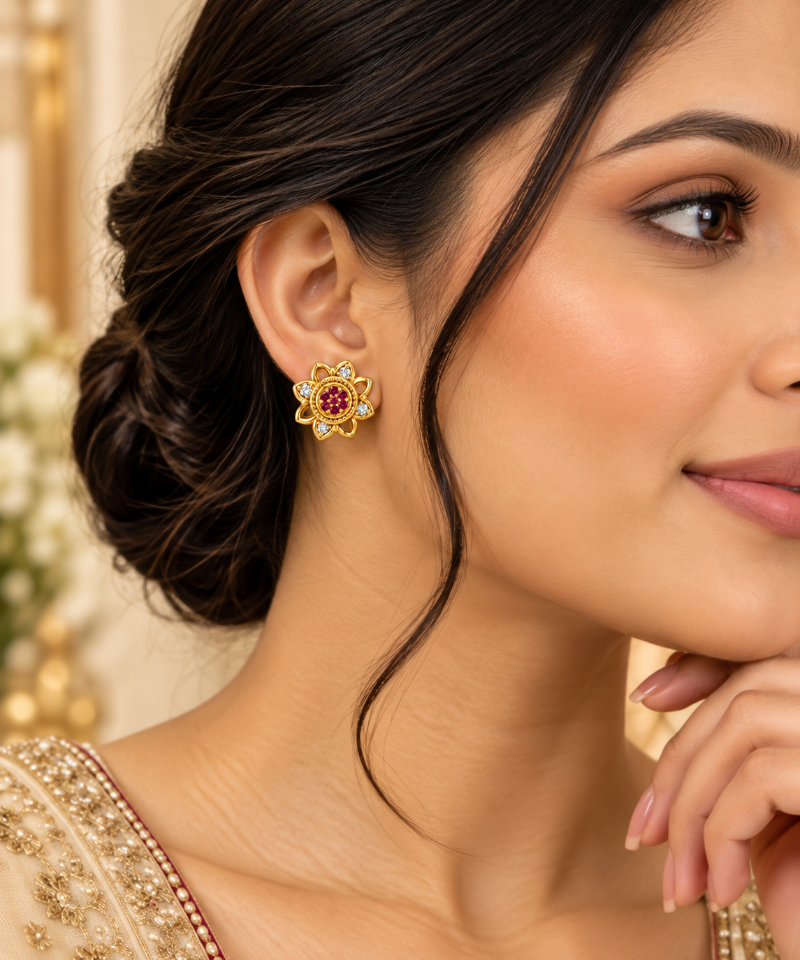 Gold-Toned Floral Ruby Stud Earrings