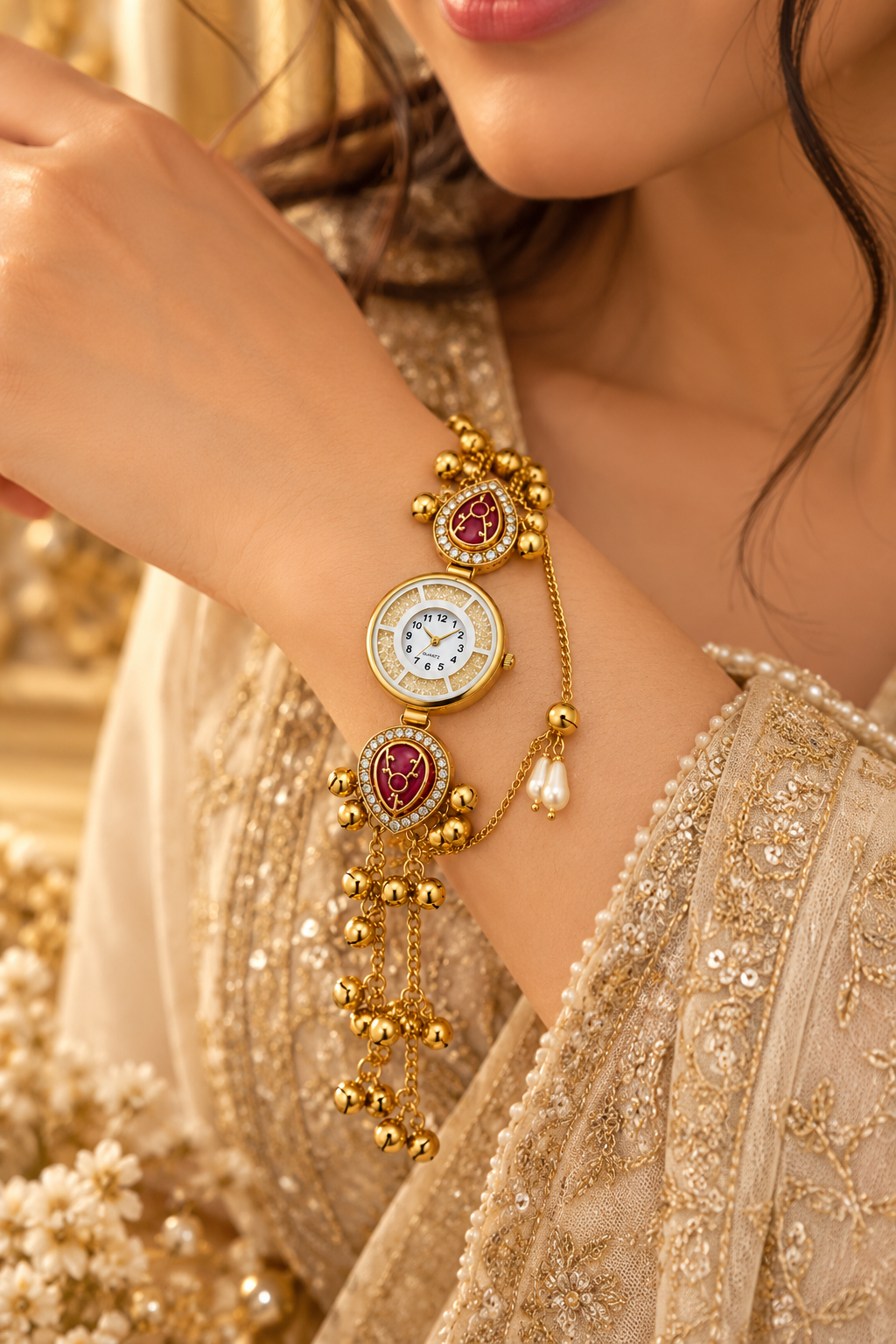 Elegant Gold-Toned Pendant Watch with Traditional Bell Detailing