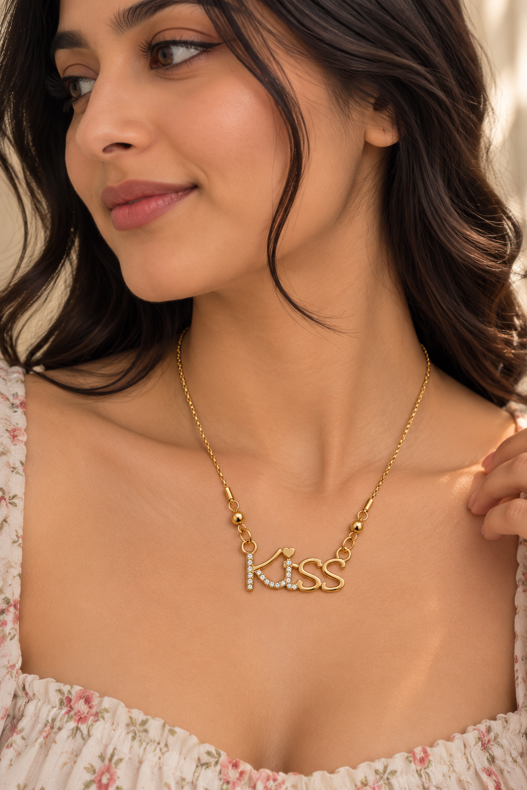Premium Gold-Toned “KISS” Script Pendant Necklace