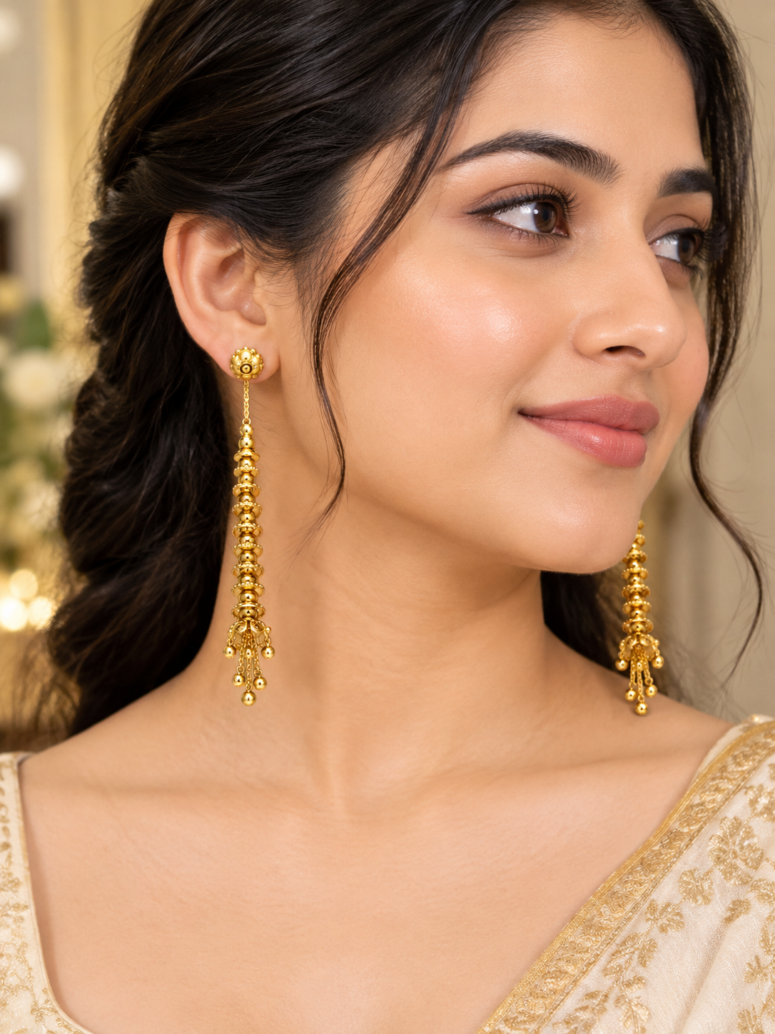 Premium Gold-Toned Layered Disc Chain Drop Earrings