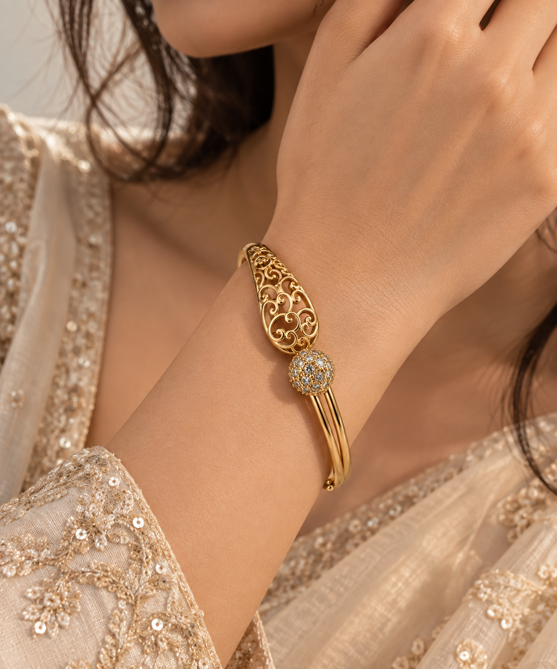 Premium Gold-Toned Filigree Crystal Bangle Bracelet