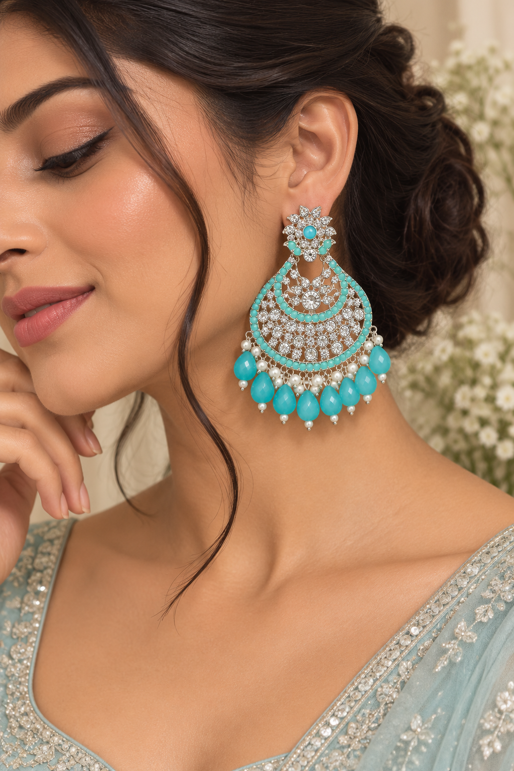 Premium Silver-Toned Turquoise Crystal Chandbali Statement Earrings
