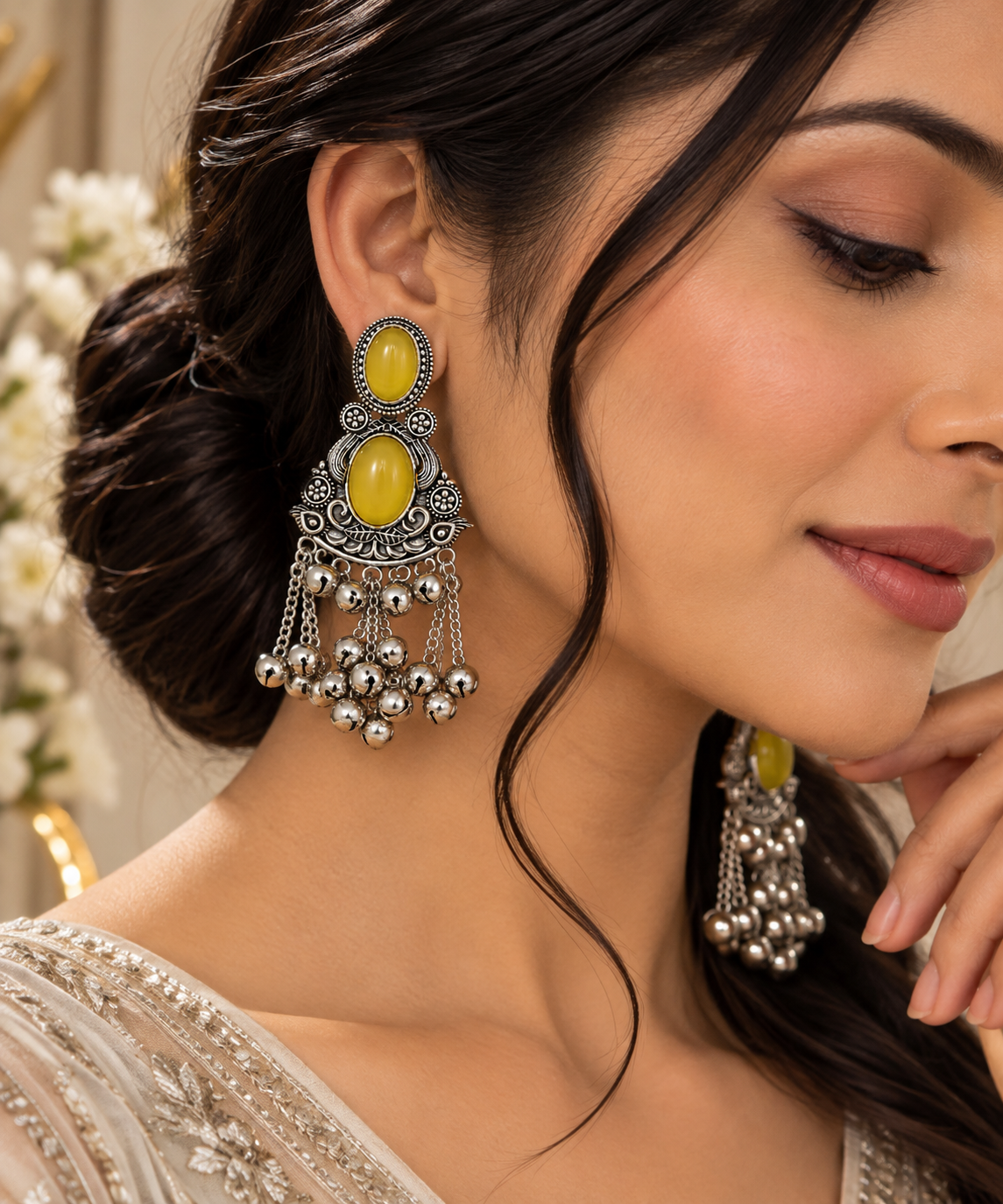 Premium Oxidized Silver-Toned Yellow Stone Jhumka Earrings