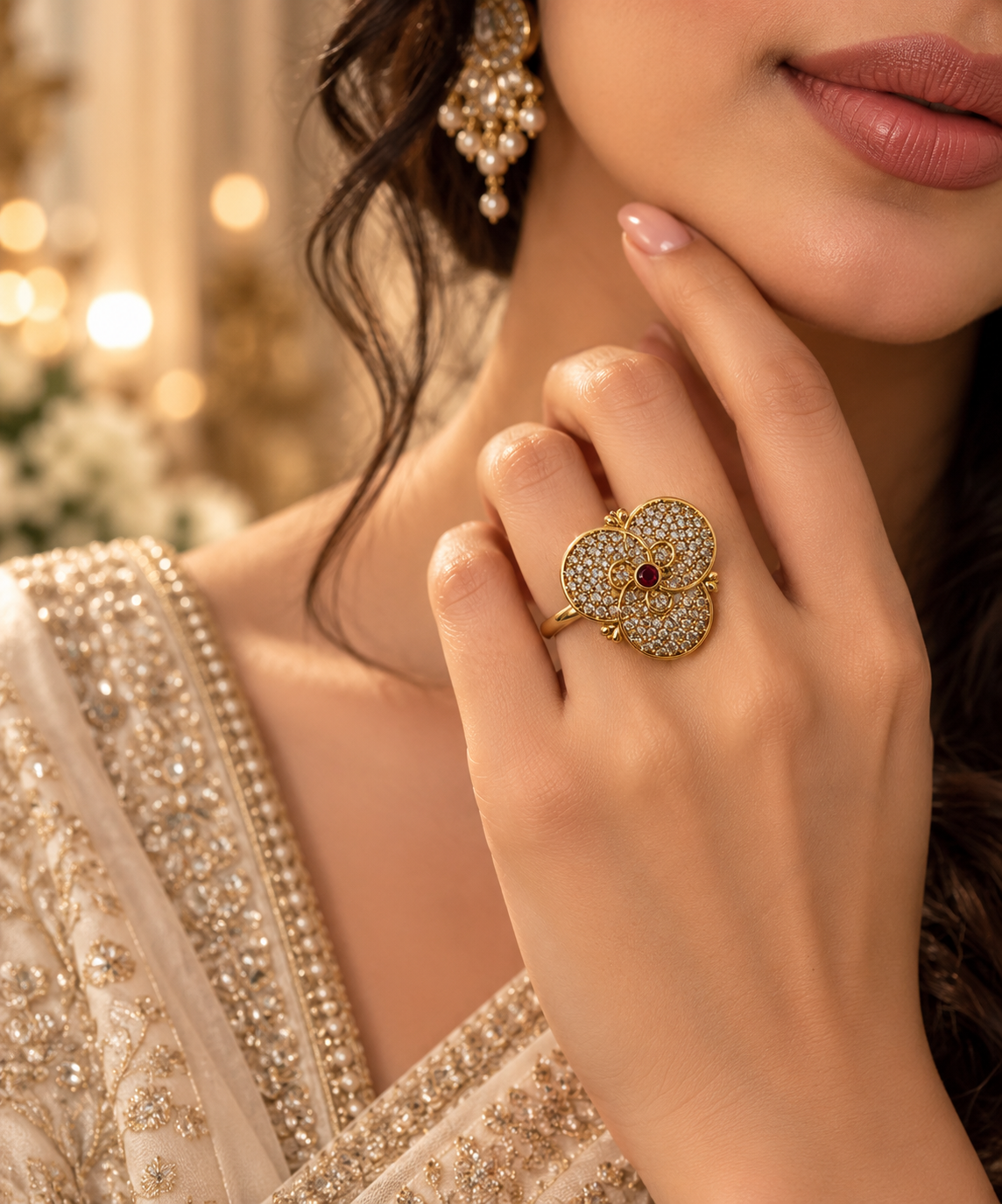 Premium Gold-Toned Floral Statement Ring