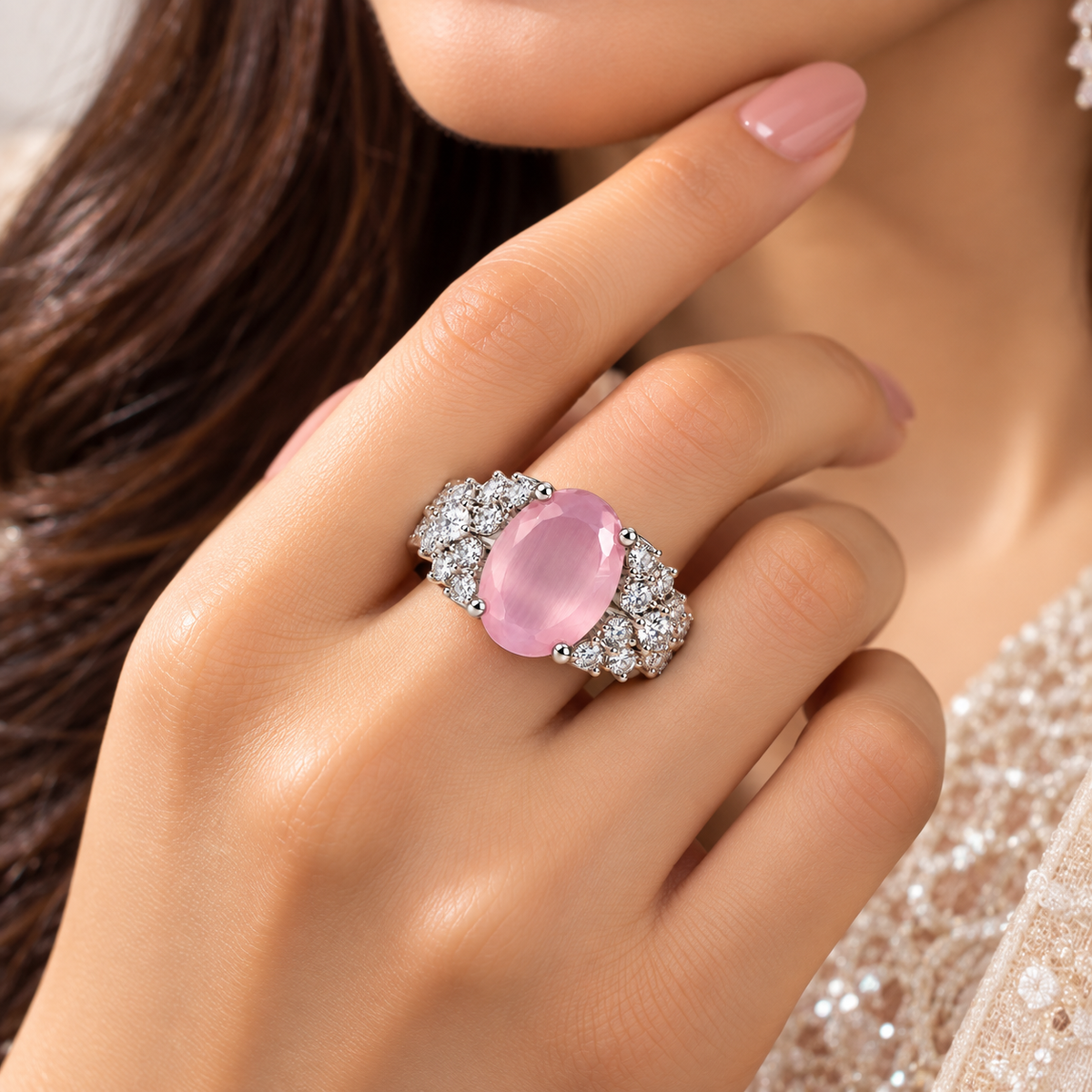 Pink Quartz Crystal Halo Statement Ring