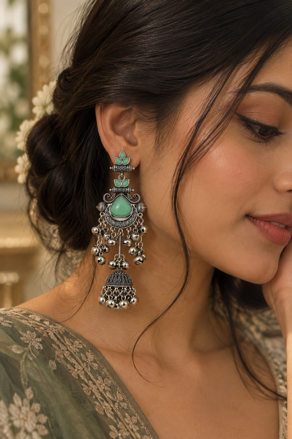 Premium Oxidized Silver-Toned Mint Green Stone Chandelier Jhumka Earrings