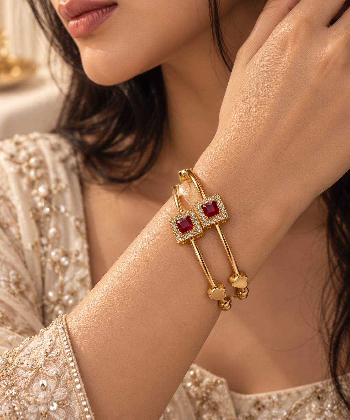 Premium Gold-Toned Ruby Crystal Bar Bracelet