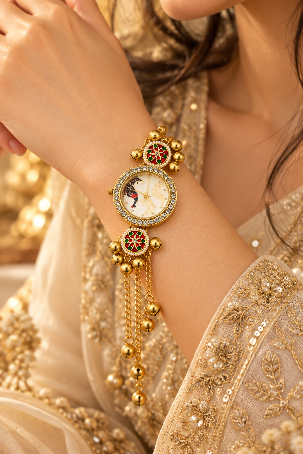Elegant Gold-Toned Pendant Watch with Multicolor Floral Detailing
