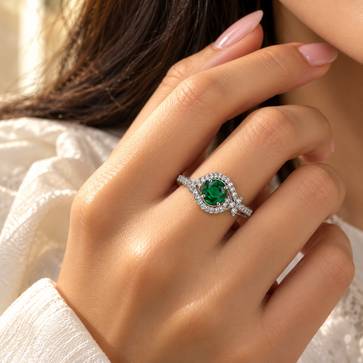 Silver-Toned Green Gemstone Statement Ring