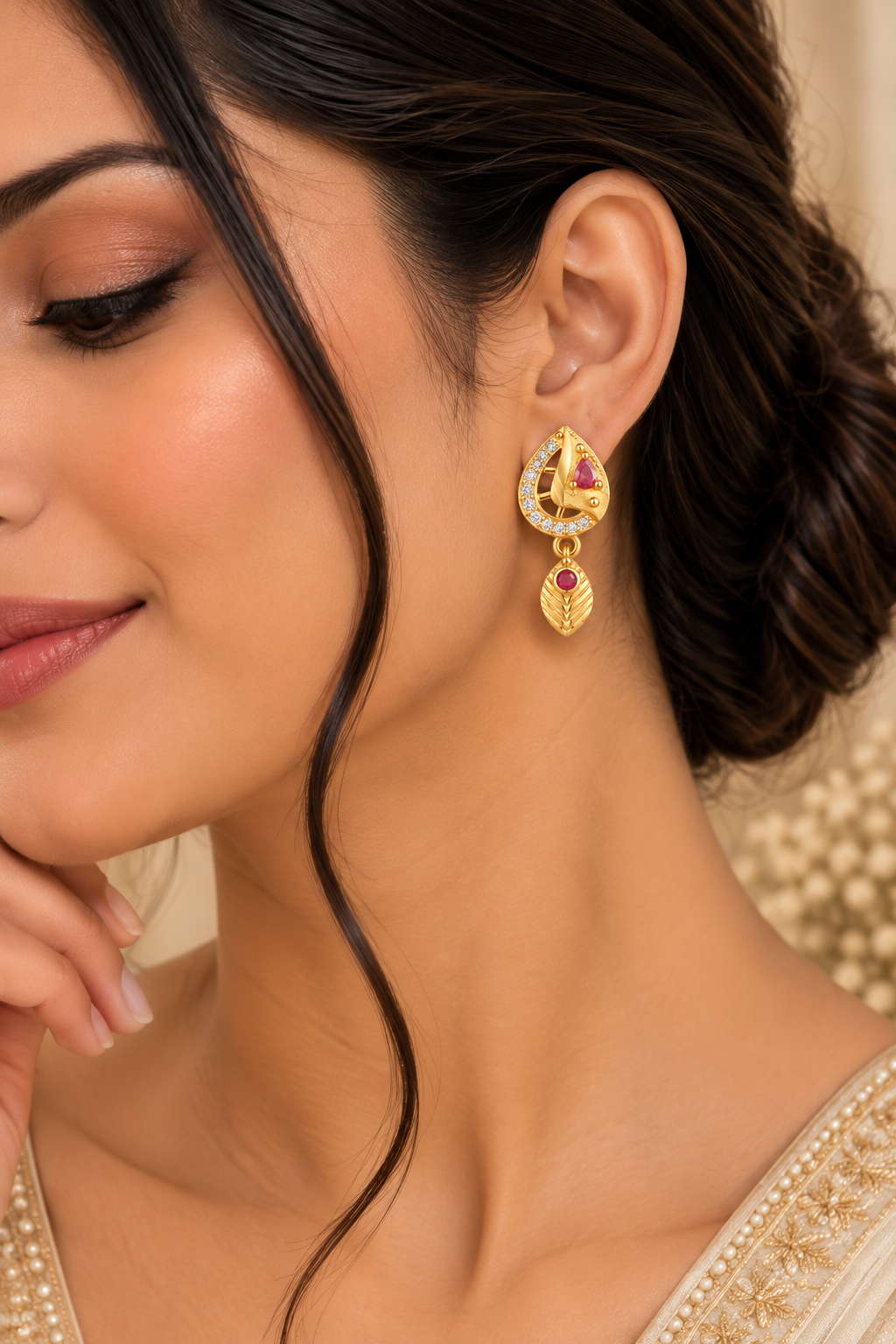 Premium Gold-Toned Teardrop Drop Earrings with Ruby Accents