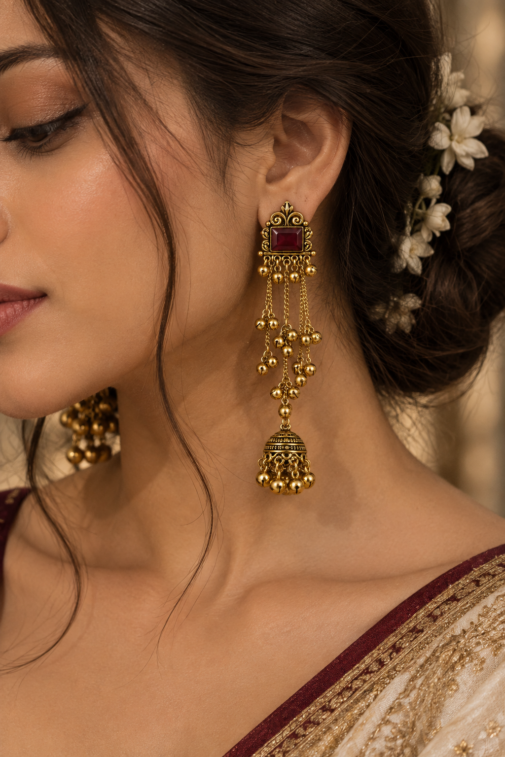 Gold-Toned Red Stone Long Chain Jhumka