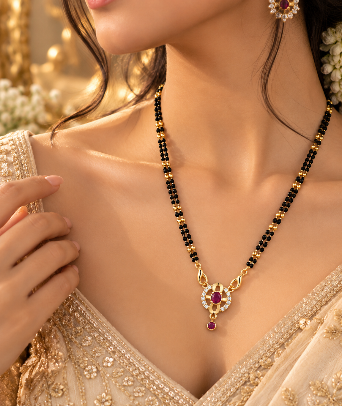 Elegant Black Beaded Mangalsutra with Ruby-Toned