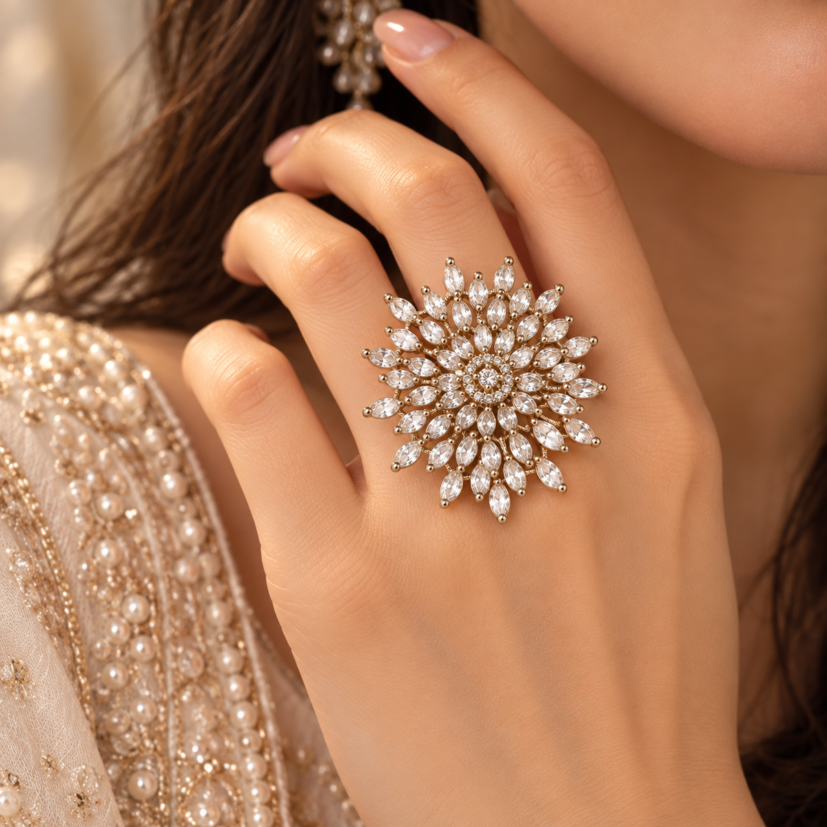 Silver-Toned Marquise Crystal Statement Ring