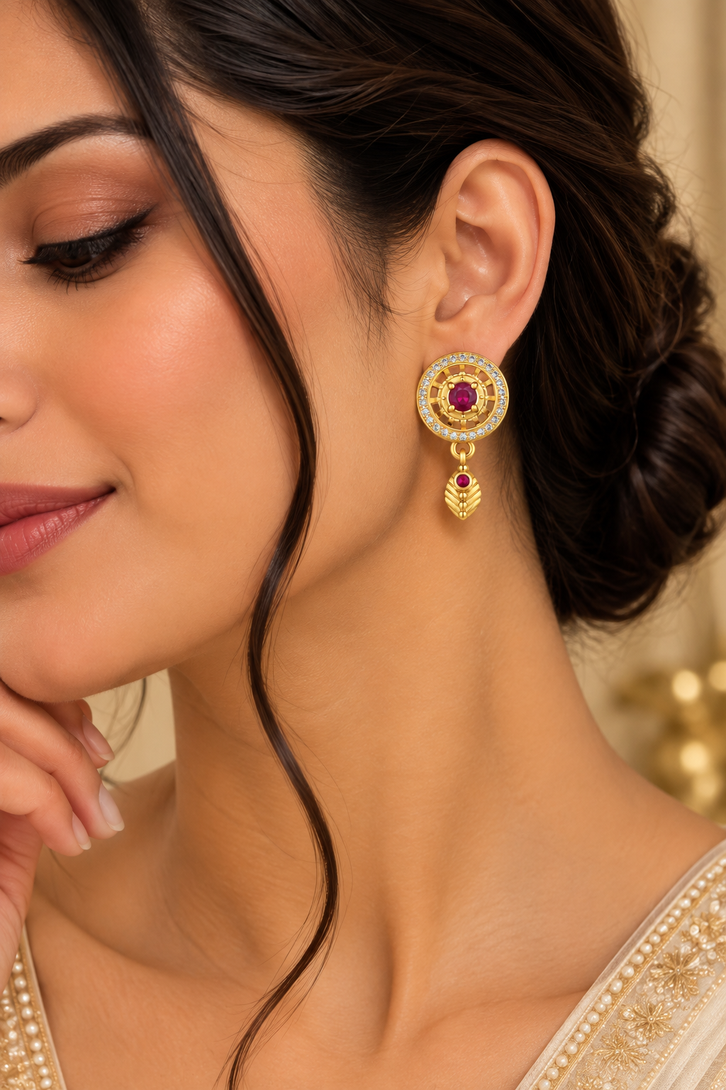Premium Gold-Toned Circular Drop Earrings with Ruby Accents