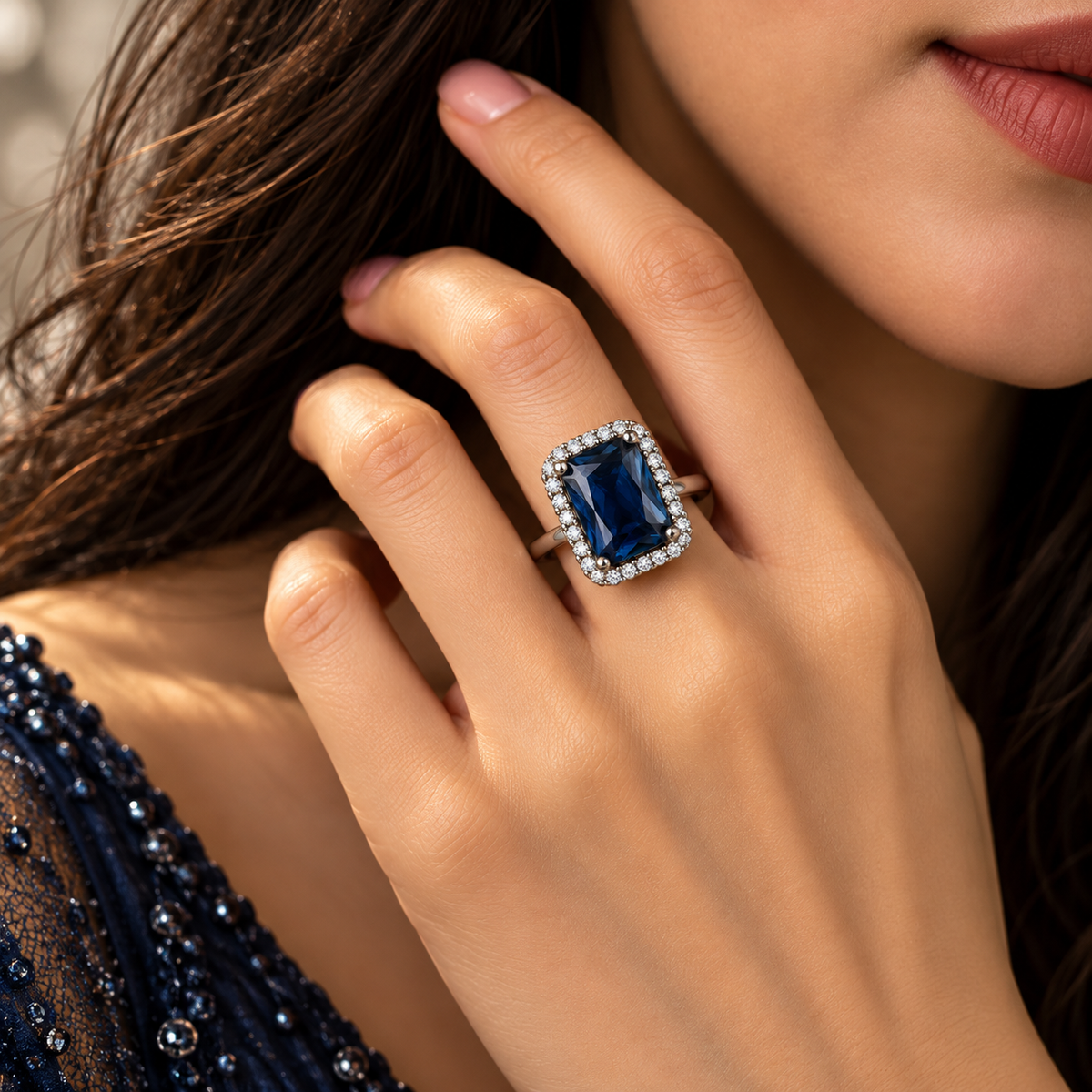 Silver-Toned Deep Blue Rectangle Statement Ring