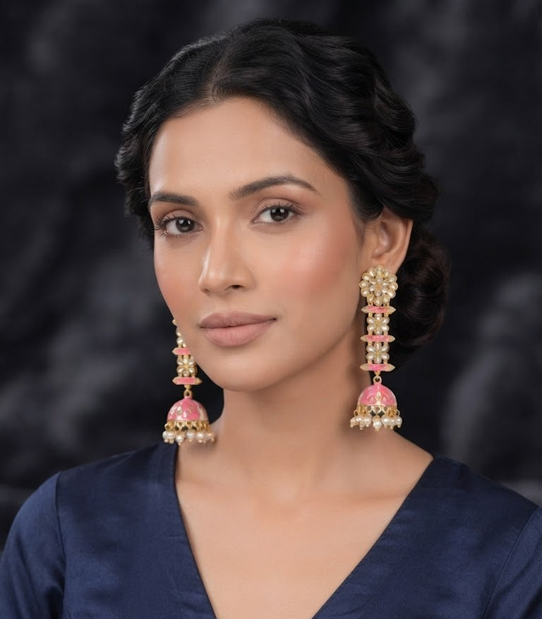 Premium Pink Enamel Kundan Floral Jhumka Earrings