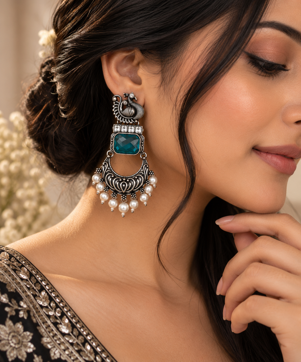 Premium Oxidized Silver Peacock Design Teal Stone Chandelier Earrings