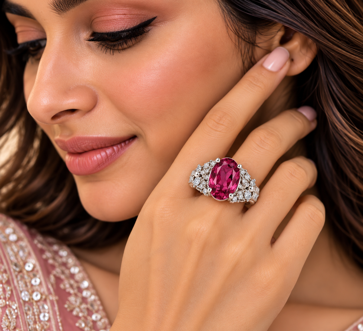 Rose Pink Oval Floral Halo Statement Ring