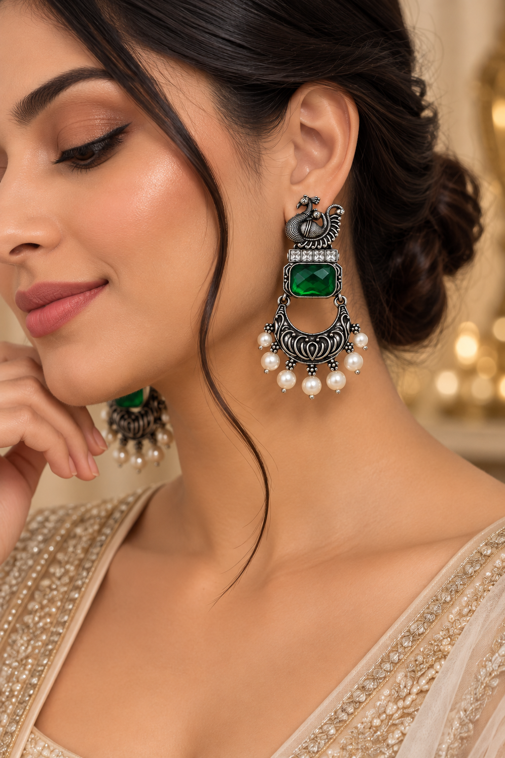 Premium Antique Silver-Toned Emerald Green Peacock Jhumka Earrings