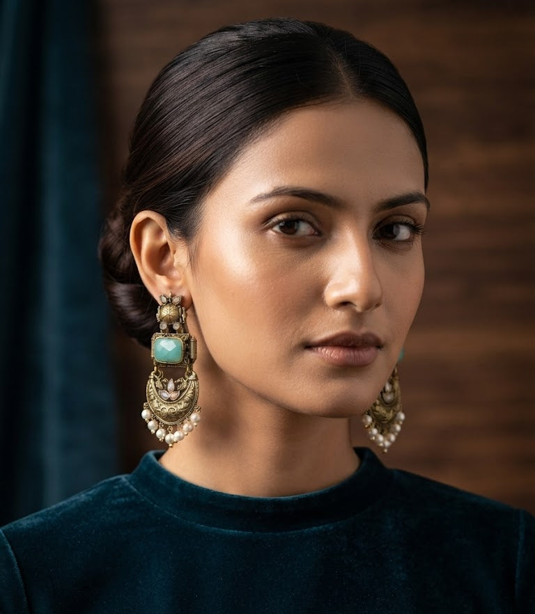 Premium Turquoise Oxidised Silver Chandbali Earrings