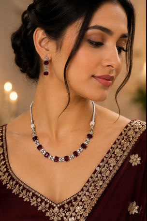 Silver-Toned Deep Red Stone Necklace & Earring Set