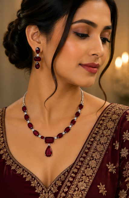 Silver-Toned Deep Burgundy Red Stone Necklace & Earring Set
