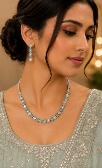 Silver-Toned Aqua Green Stone Necklace & Earring Set