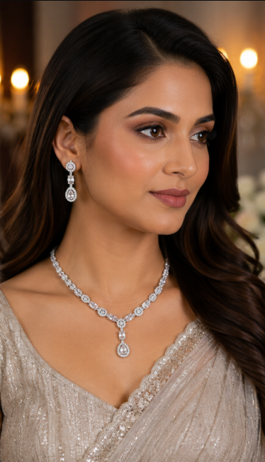 Silver-Toned Crystal Statement Necklace & Earring Set
