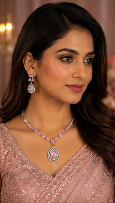 Silver-Toned Pink Crystal Necklace & Earring Set