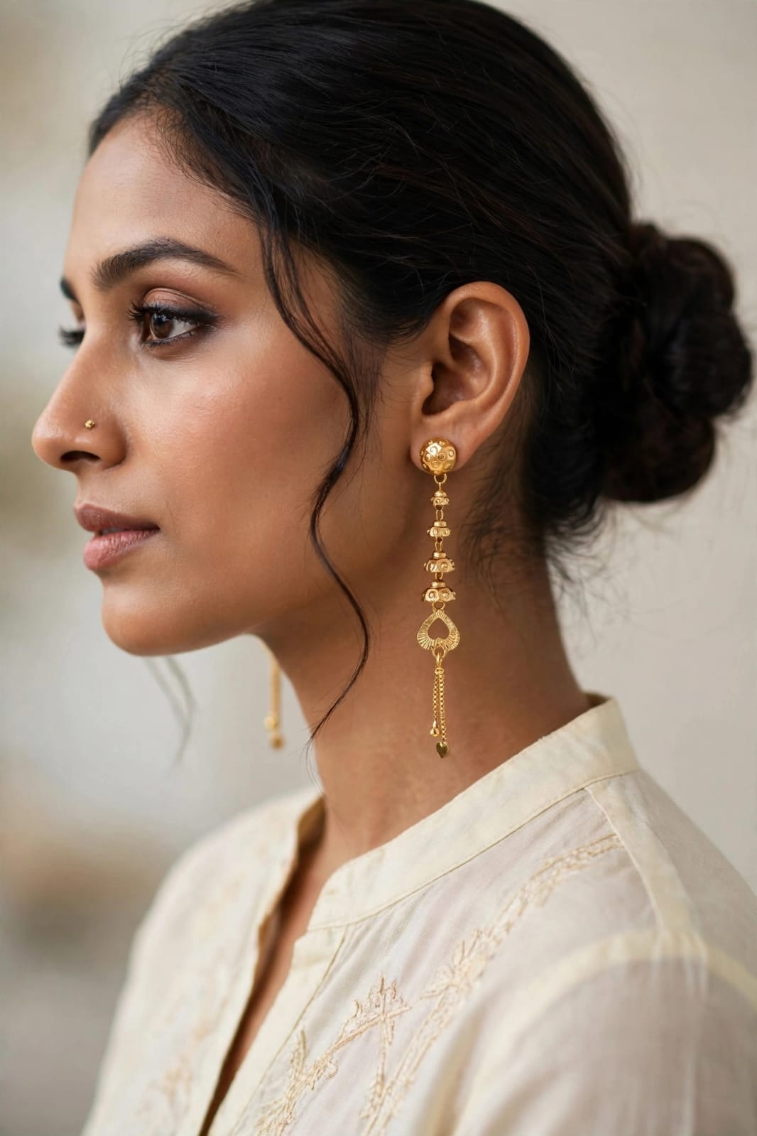 Premium Golden Textured Beaded Heart Charm Drop Earrings