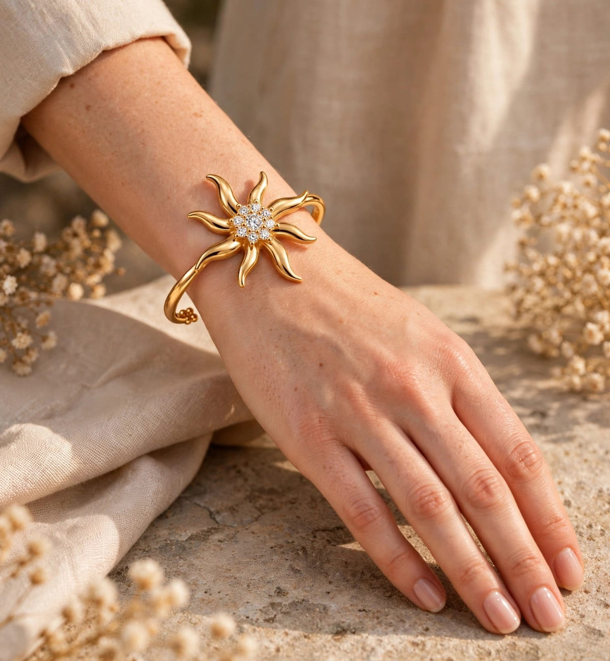 Premium Gold-Toned Starburst Crystal Cuff Bracelet