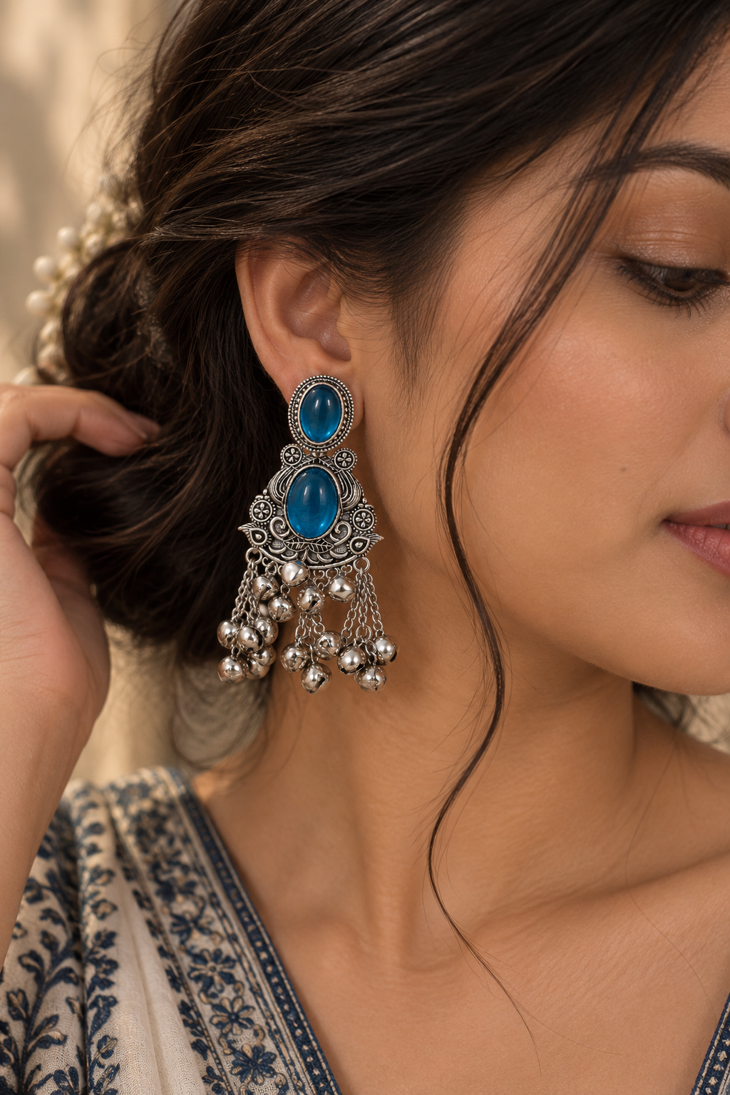 Premium Oxidized Silver-Toned Blue Stone Chandelier Jhumka Earrings
