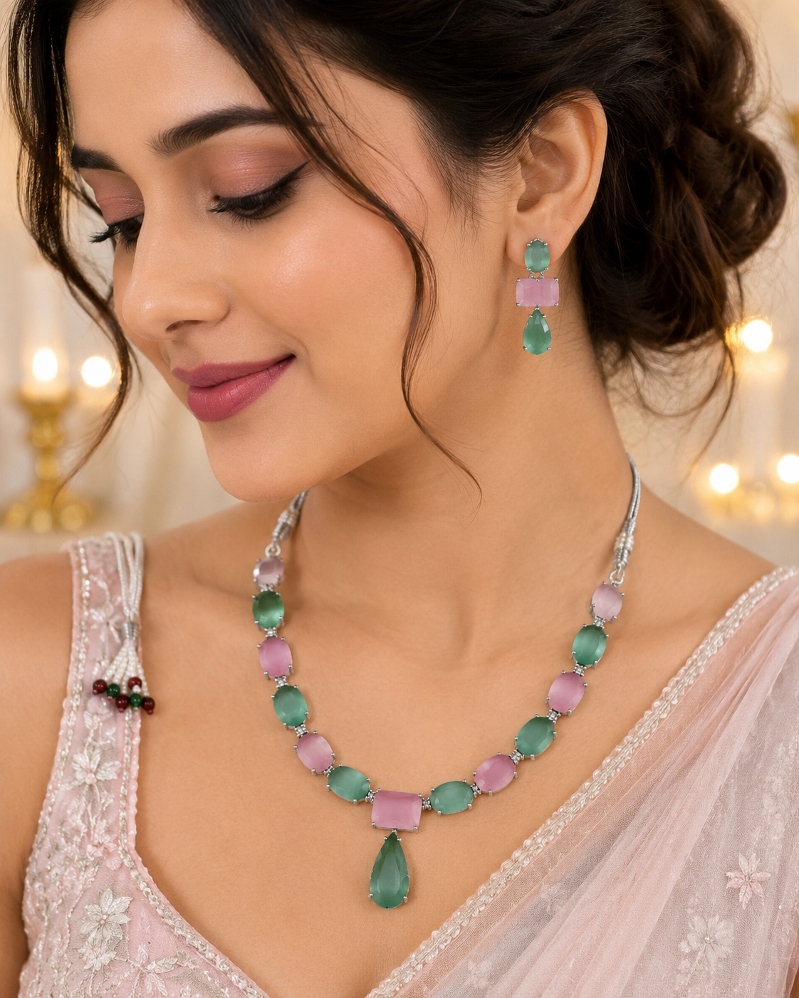 Elegant Silver-Toned Pink & Green Gemstone Necklace Set