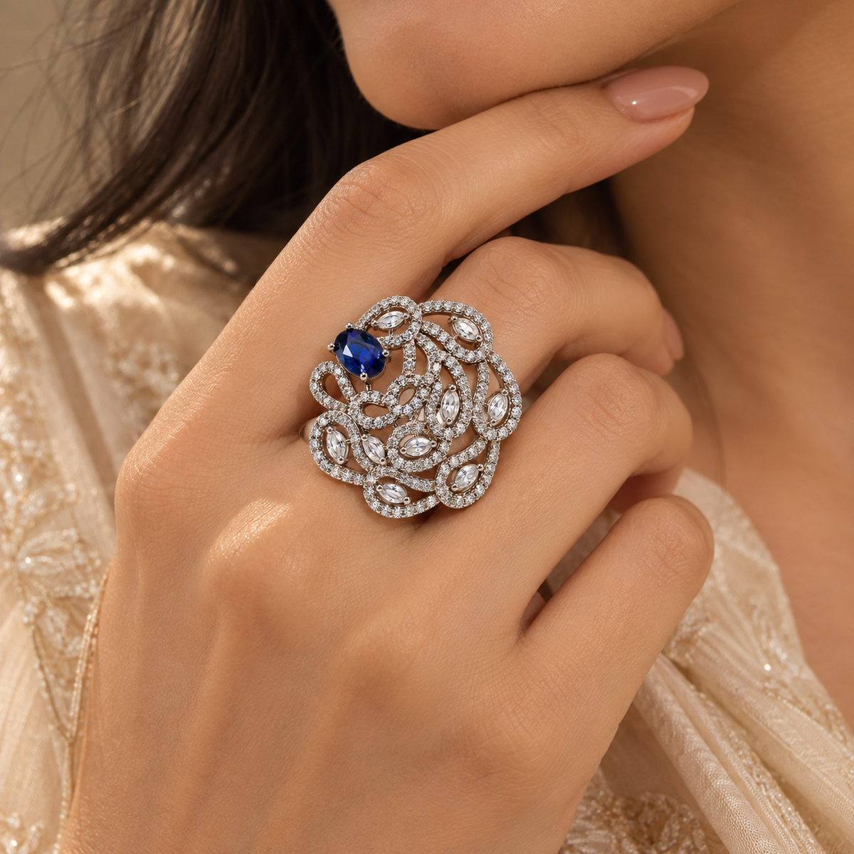 Premium Silver-Toned Blue Stone Statement Ring
