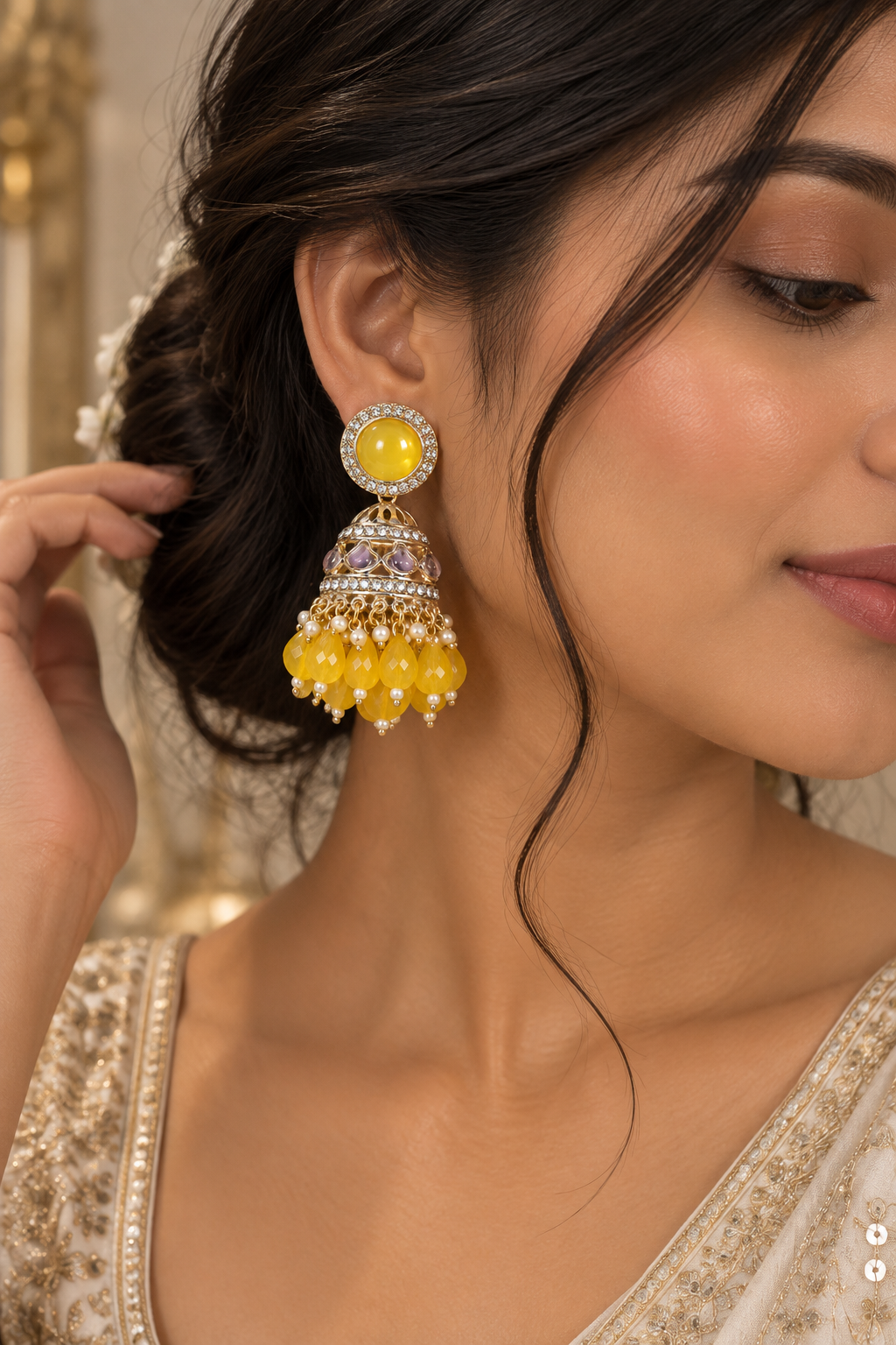 Premium Gold-Toned Yellow Stone Jhumka Earrings with Pearl & Beaded Detailing