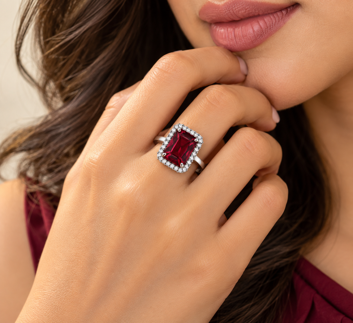 Burgundy Rectangular Halo Statement Ring