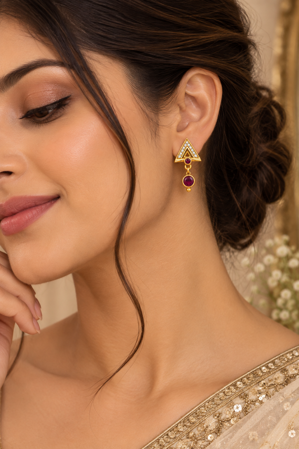 Premium Gold-Toned Geometric Ruby Drop Earrings