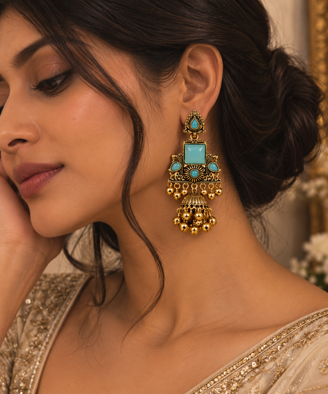 Premium Gold-Toned Aqua Blue Stone Designer Jhumka Earrings