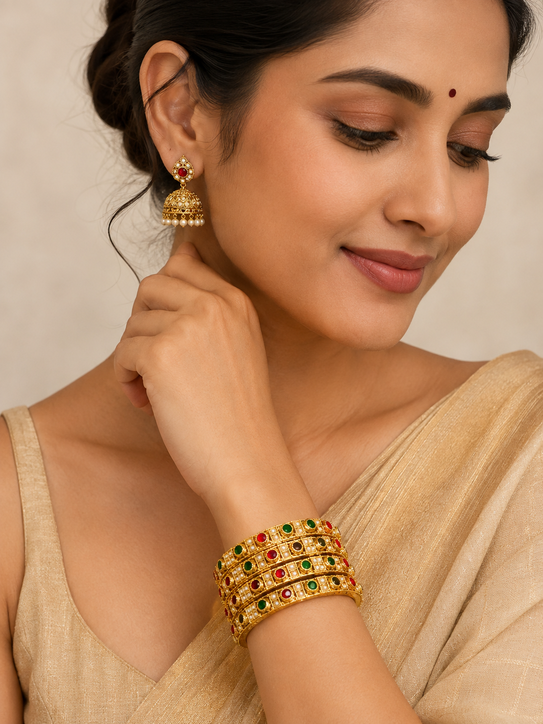 Antique Gold-Toned Multicolor Pearl Bangle Set