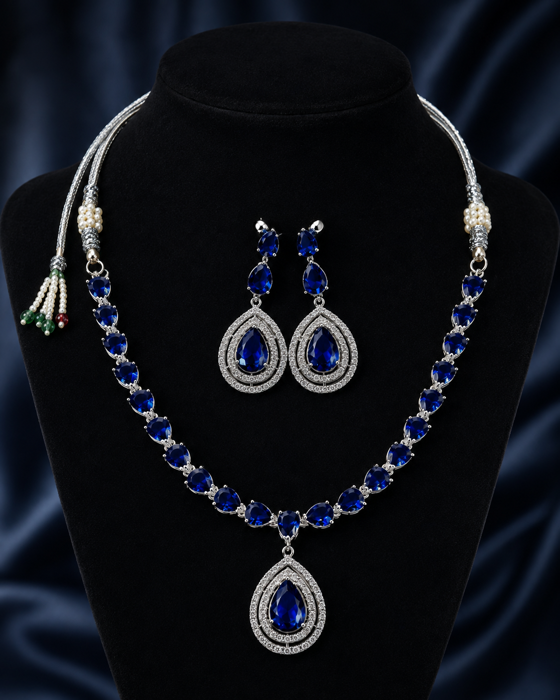 Silver-Toned Sapphire Blue Crystal Necklace & Earring Set