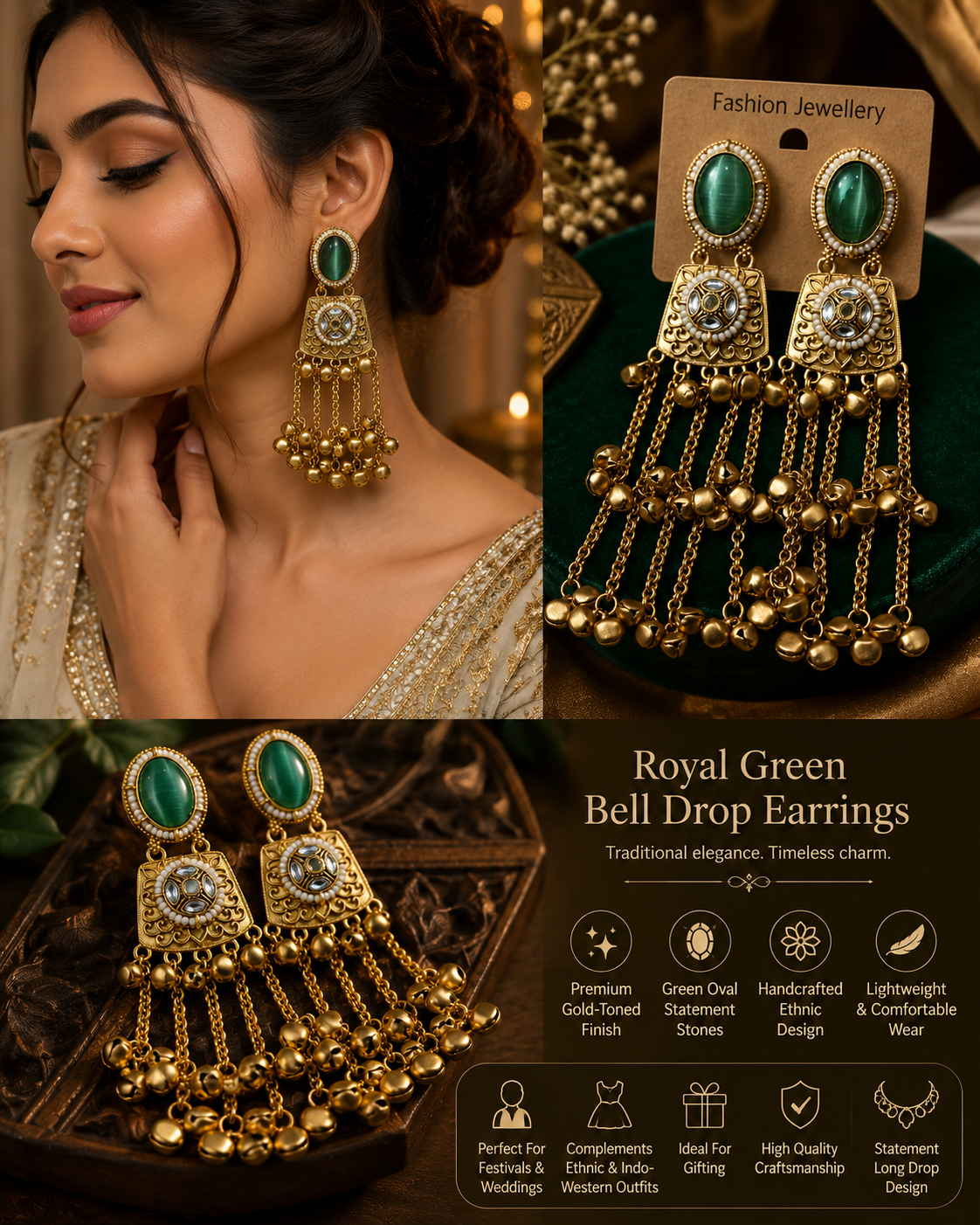 Royal Green Kundan Bell Drop Earrings
